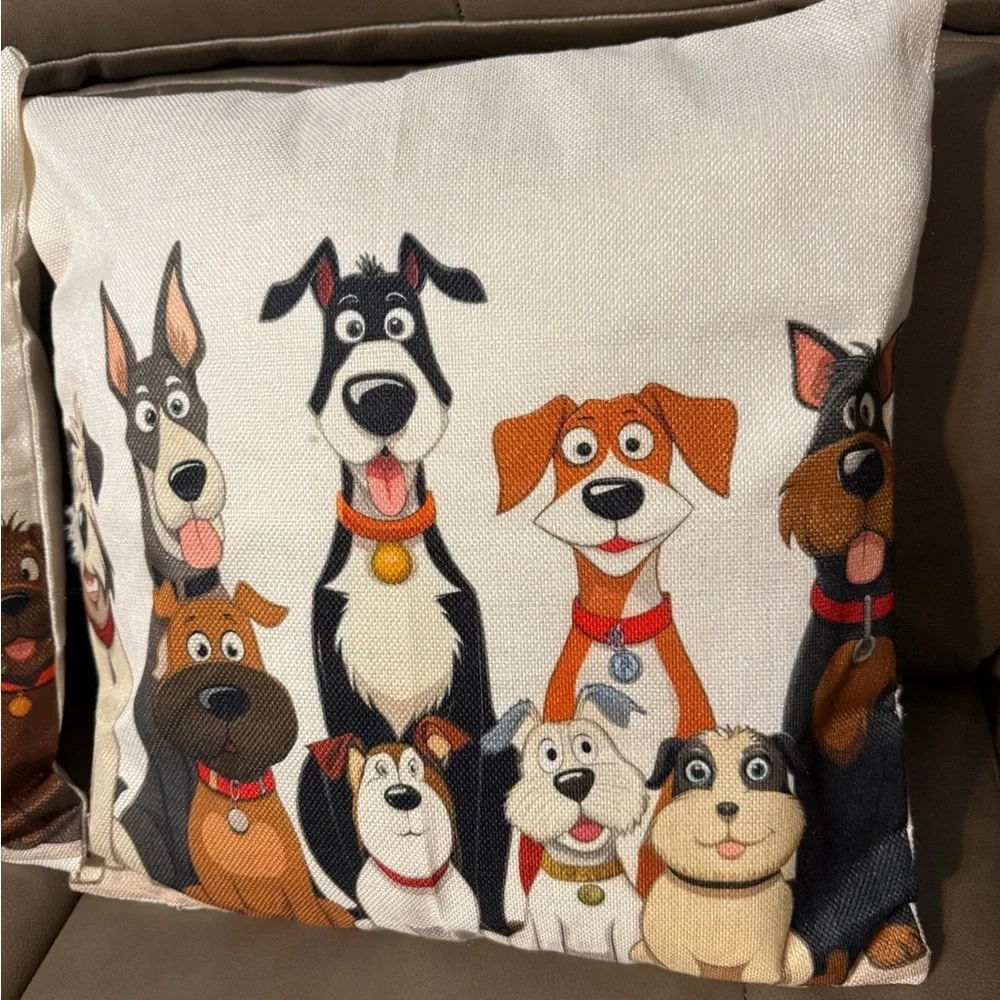 white throw pillow cover featuring a cartoon illustration of several dogs 18x18